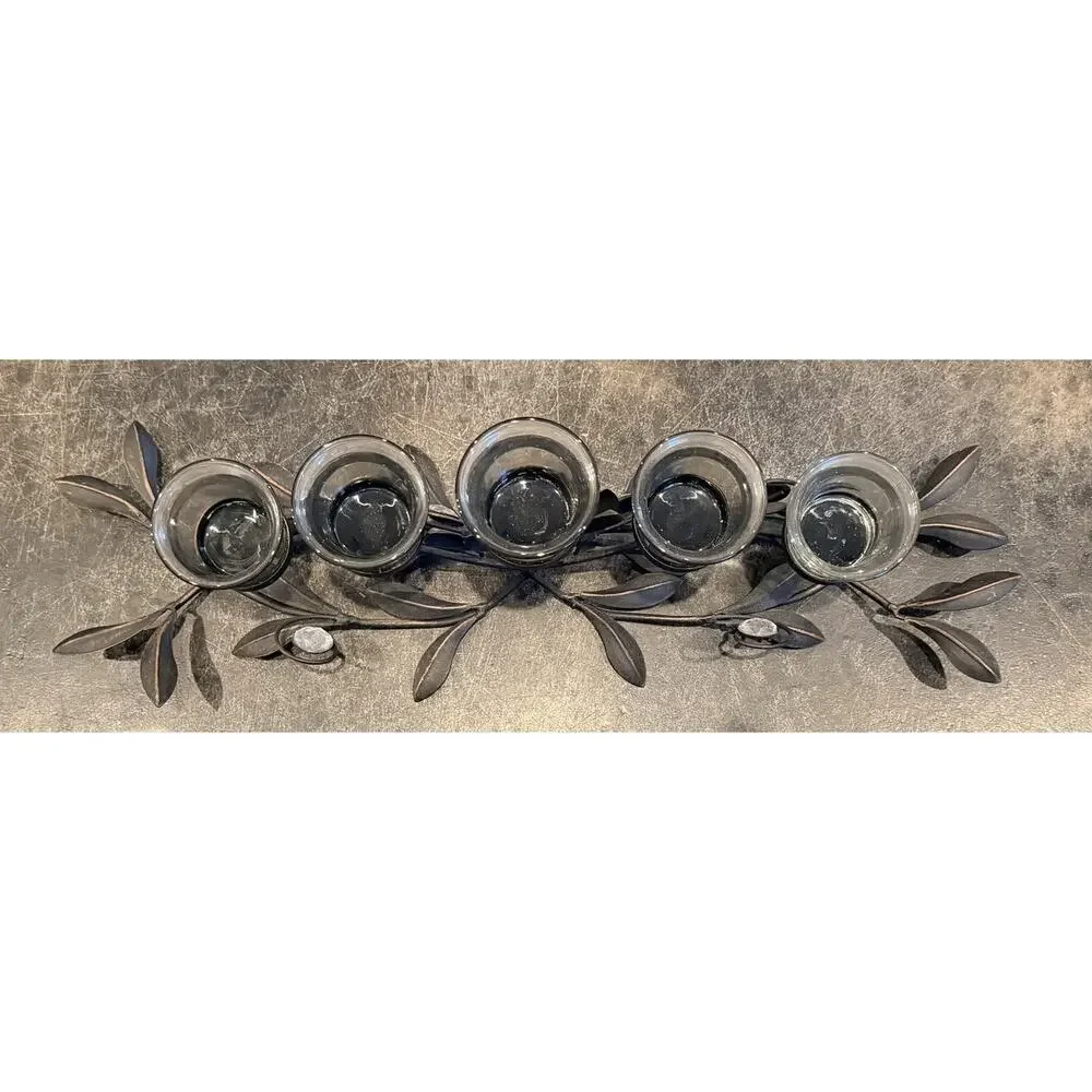 Decorative Black Metal Leaf Votive Candle Holder 5 Glass Cups Table Centerpiece